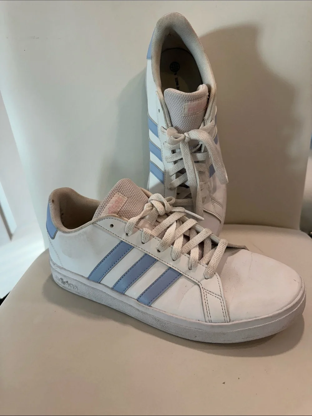 adidas White Sneakers with Light Blue Stripes